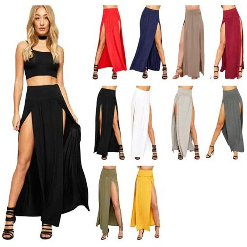 Women’s High-Waist Double Slit Maxi Skirt – Sexy Solid Summer Long Skirt, New Arrival for Valentine’s Day & Wholesale
