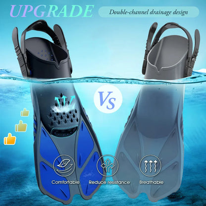 Adjustable Buckle Snorkel Fins - Short Silicone Swimming Flippers, Scuba Diving Shoes with Open Heel, Travel Size for Adults