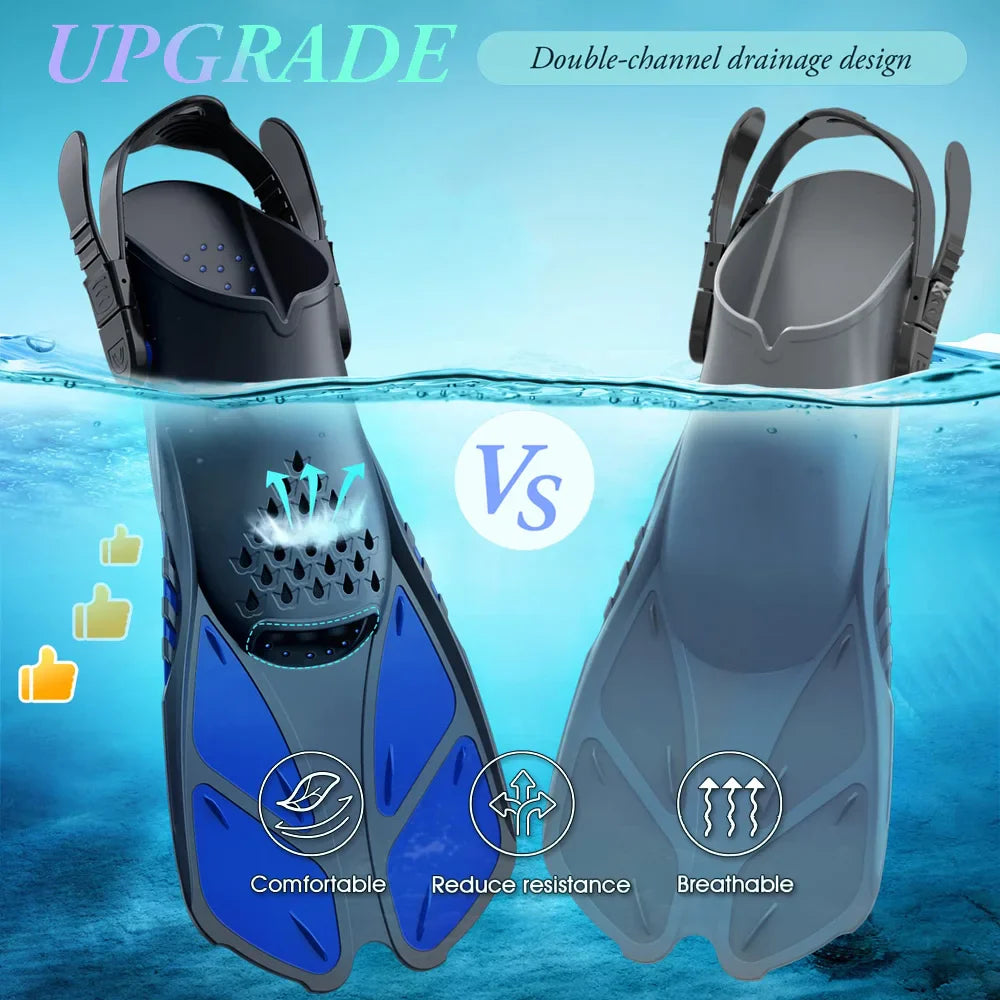 Adjustable Snorkel Fins with Buckles - Short Silicone Swimming Flippers for Men and Women, Open Heel Travel Size
