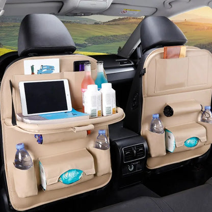 Car Seat Back Organizer with Foldable Table Tray – PU Leather Storage with Pockets, Kick Mats & Interior Accessories