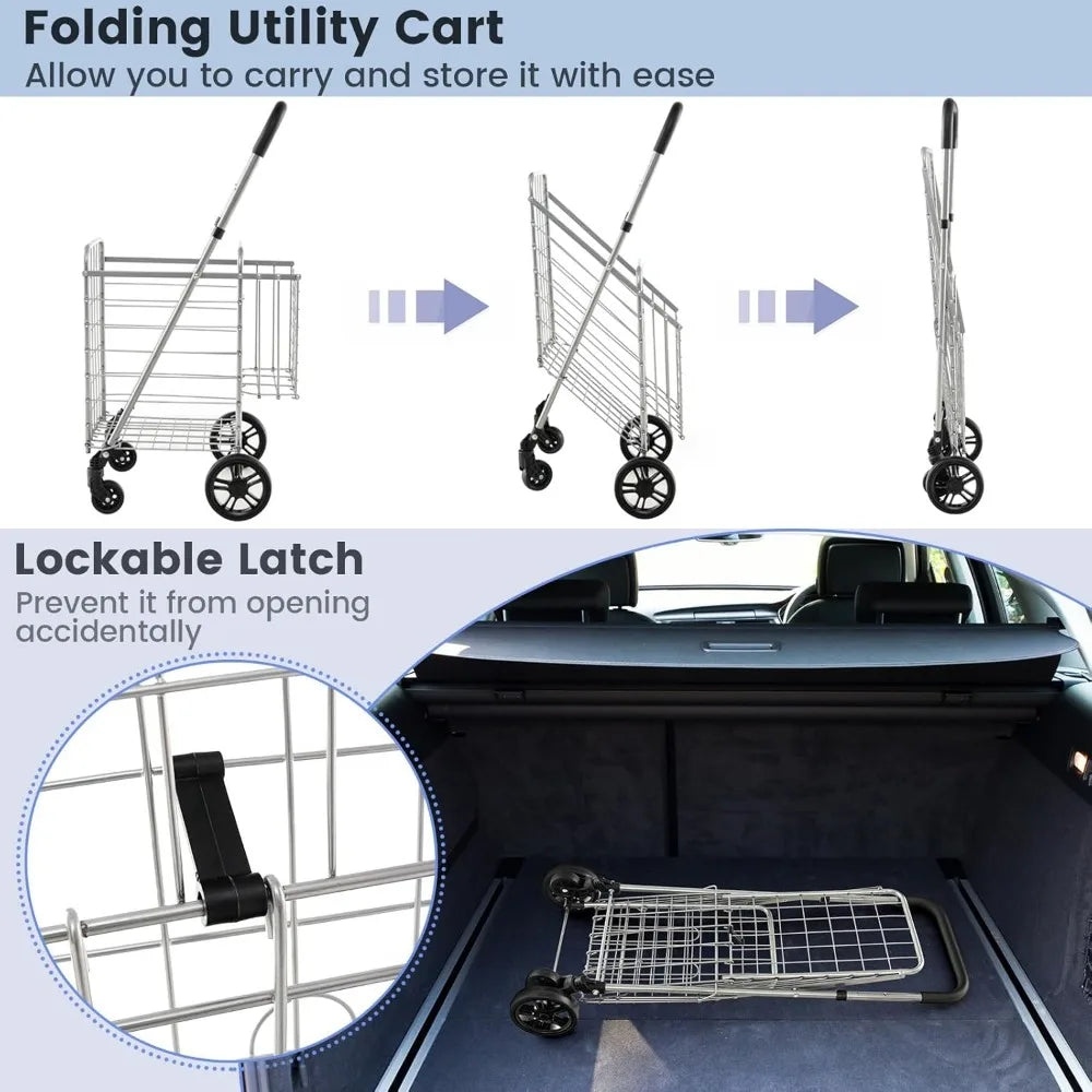 Folding Shopping Trolley with Double Basket, 360° Rotating Wheels & Adjustable Handles - Perfect for Luggage & Travel