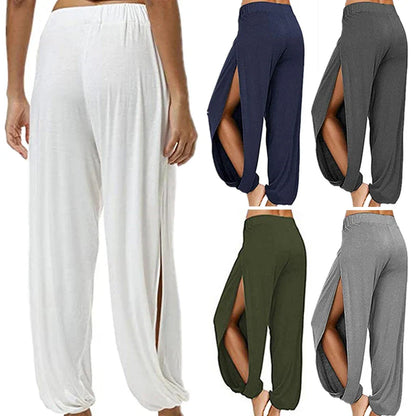 Women's Fashion Yoga Pants: High-Waisted Slit Wide Leg Harem Pants - Gym Leggings for Casual Solid Hollow Workout