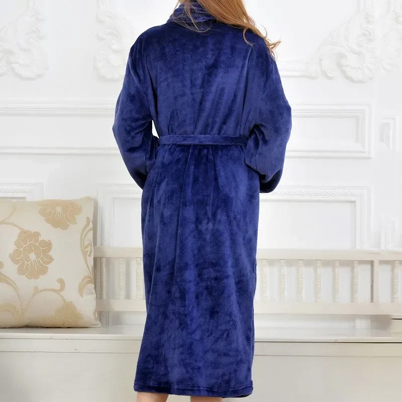 Coral Fleece Long Robe Kimono – Warm Flannel Winter Bathrobe, Casual Sleepwear & Homewear