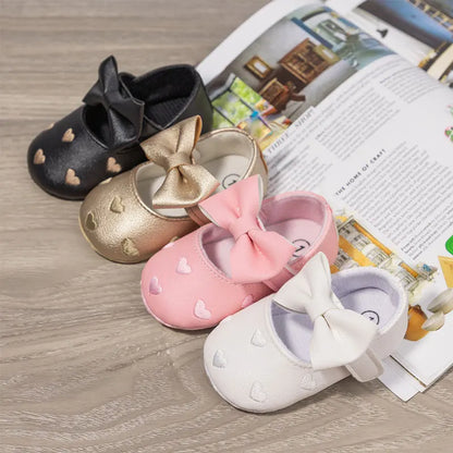 Baby Girls Bow-Knot Heart First Walker Shoes - Soft Anti-Slip Sole Dress Shoes for Infants 0-18M