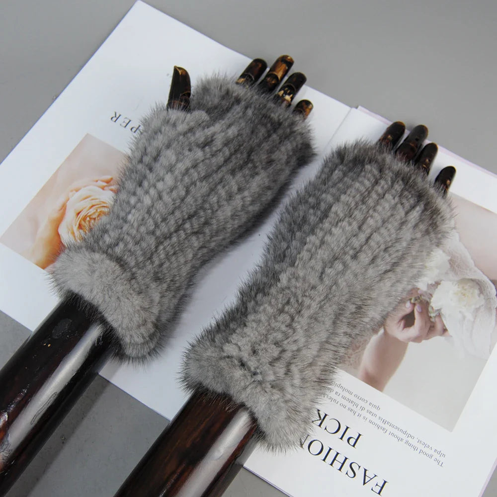 Women’s Winter Mink Fur Gloves – 100% Natural Fingerless Knitted Mittens for Warmth