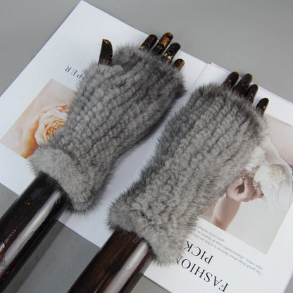 Women’s Winter Mink Fur Gloves – 100% Natural Fingerless Knitted Mittens for Warmth