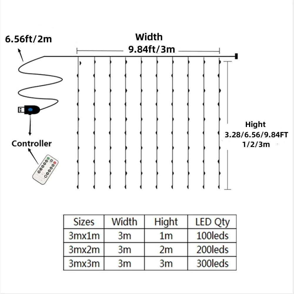 USB LED Curtain String Lights — 3x3/3x2/3x1 Fairy Light Garland for Christmas, Wedding, Home & Bedroom Decoration