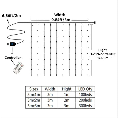 USB LED Curtain String Lights — 3x3/3x2/3x1 Fairy Light Garland for Christmas, Wedding, Home & Bedroom Decoration