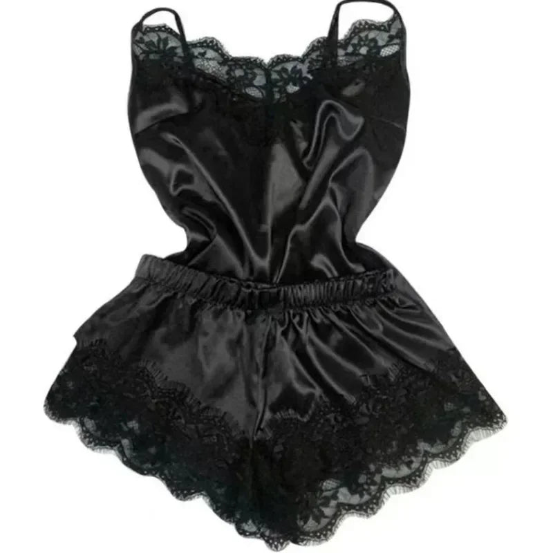 Women’s Summer Lace Silk Pajama Set – Sexy Cami Top & Shorts Sleepwear Lingerie Comfortable Soft Casual Nightwear Pijamas