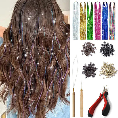 48-Inch Hair Tinsel Kit – 1200 Strands, 12 Colors Sparkling Fairy Hair Extensions with Tool