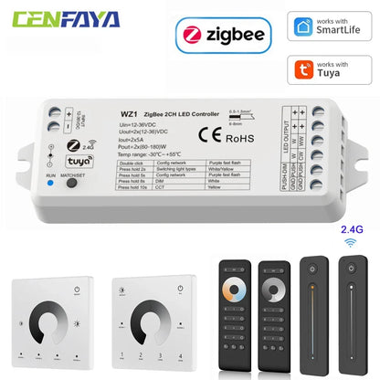 CENFAYA ZigBee & RF 2CH LED Controller - Smart DC 12V/24V Dimmer for CCT LED Strips with Remote Control