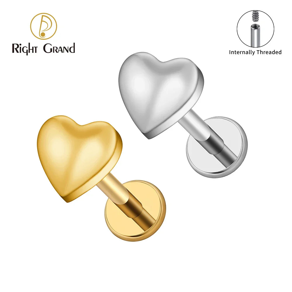 Right Grand ASTM F136 Titanium 16G Heart Flat Back Labret Stud – Monroe, Lip, Helix, Tragus, Conch & Earlobe Cartilage Piercing Body Jewelry