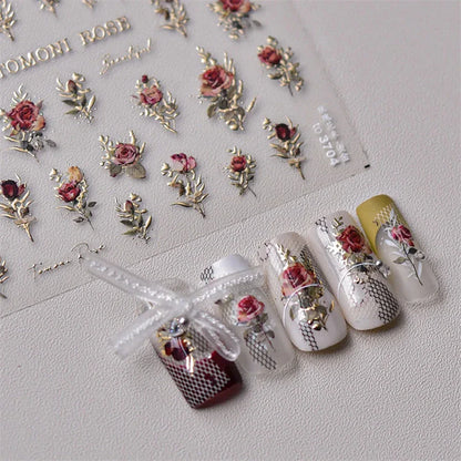 Vintage Rose Flower Nail Stickers – Red & Blue Laser Gold/Silver Nail Art Decals for Manicure Design DIY Beauty Tool