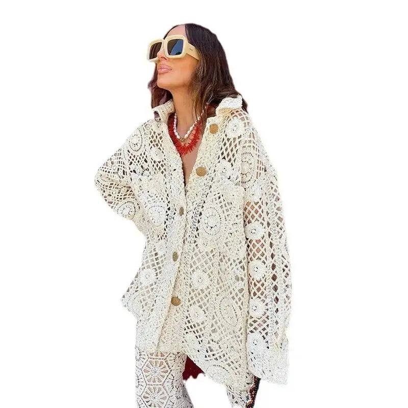 LGRQ 2025 Women’s Spring & Summer Lace Hollow-Out Shirt – Turn-Down Collar, Full Sleeve, Single-Breasted Fashion Top