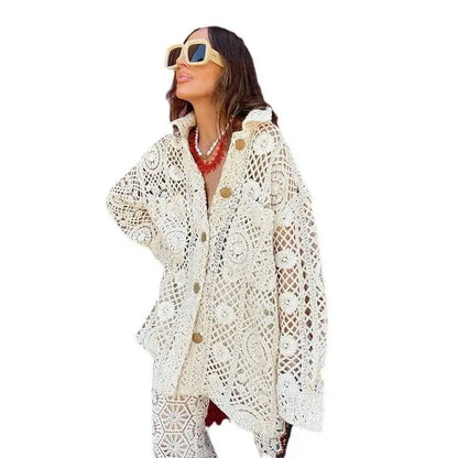 LGRQ 2025 Women’s Spring & Summer Lace Hollow-Out Shirt – Turn-Down Collar, Full Sleeve, Single-Breasted Fashion Top