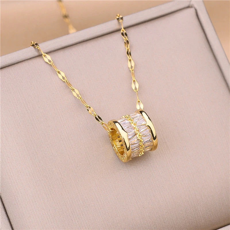 3 Color Lucky Beads Pendant Necklace – Stainless Steel & Sparkly Zircon Jewelry for Women