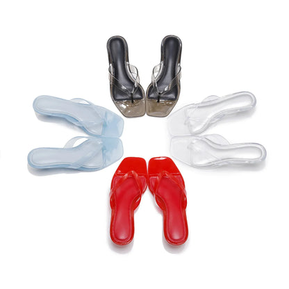 Women’s Crystal Jelly Slippers - Low Glass Heel Square Toe Summer Beach Sandals