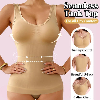 Women’s 2-in-1 Tummy Control Shapewear - Padded Bra Compression Body Shaper Cami Tank Top