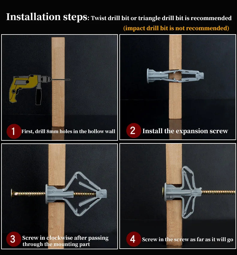 Plastic Expansion Drywall Anchor Kit — Self-Drilling Screws for Gypsum Board, Hollow Brick & Fiberboard