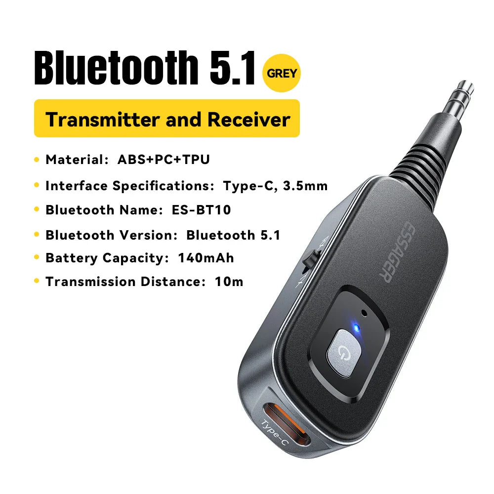 Essager 2 in 1 Bluetooth 5.1 Audio Receiver & Transmitter – Wireless 3.5mm AUX Stereo Adapter for Earphones, TV, & Car