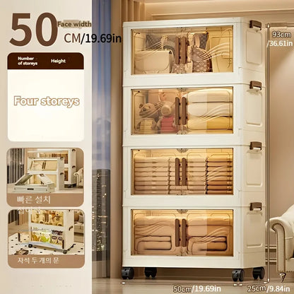Foldable Multi-Layer Storage Box with Wheels — Plastic Cabinet for Clothes, Books & Kitchen Organization