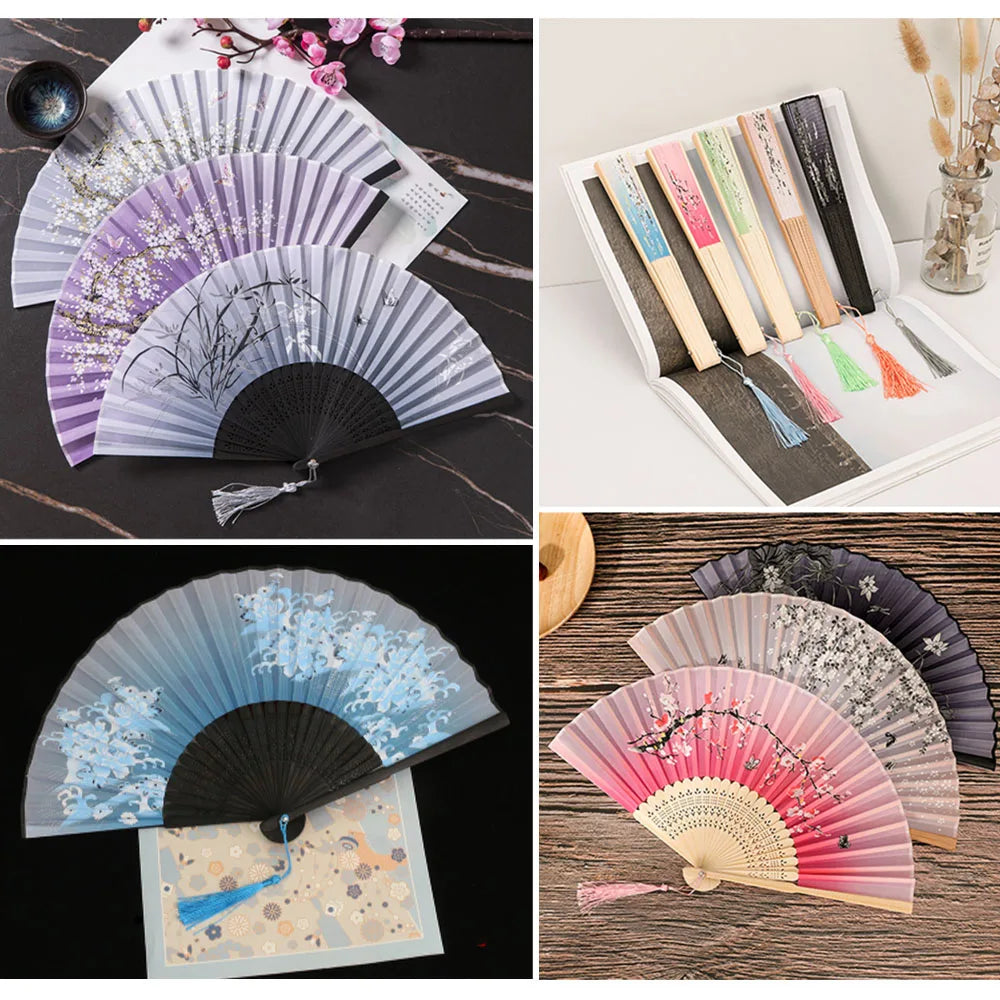 Bamboo Folding Fan with Silk — Chinese & Japanese Style Handheld Fan, Antique Art Craft for Summer Dance, Home Decor & Party
