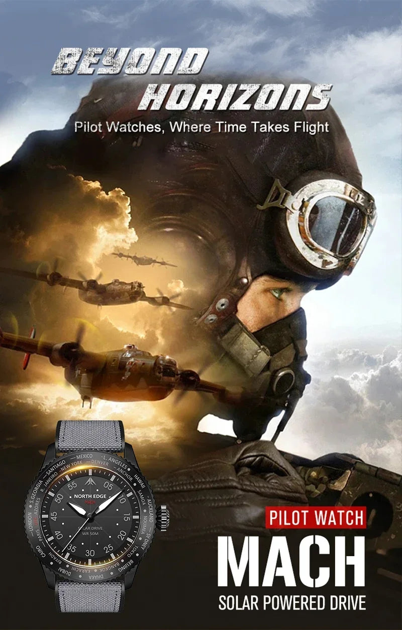 NORTH EDGE MACH 2024 Solar Powered Men's Watch – Dual Time Zone Waterproof Pilot Watch with TPR Nylon Strap