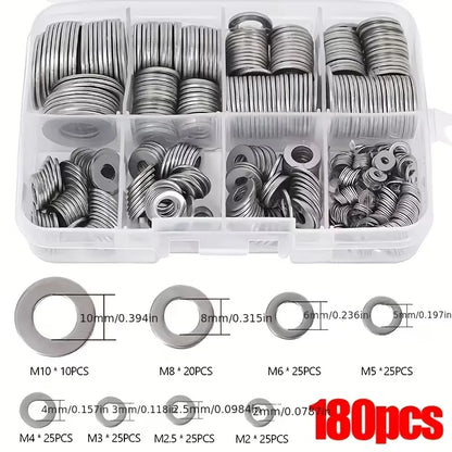 Stainless Steel Flat Washer Assortment Kit - M2 to M10 Washers for Home, DIY & Factory Repairs