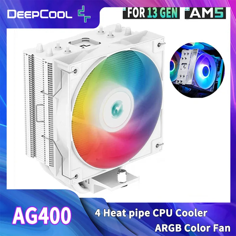 DEEPCOOL AG400 ARGB CPU Air Cooler – 4 Heat Pipes PWM 220W TDP Radiator for Intel LGA1700/1200/115X & AMD AM4/AM5 High Performance Cooling Fan