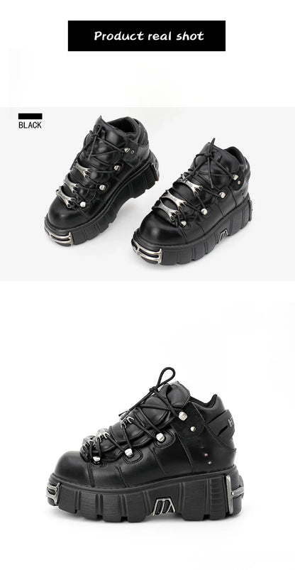 New 2024 Punk Style Women's Platform Shoes – 6CM Lace-Up Rock Boots with Metal Decor