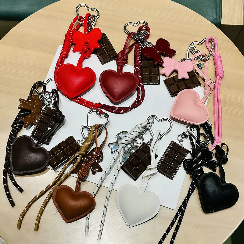 Kawaii Heart Leather Keychain - Trendy Chocolate Pendant Bag Charm Decorative Accessory