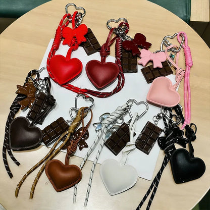 Kawaii Heart Leather Keychain - Trendy Chocolate Pendant Bag Charm Decorative Accessory