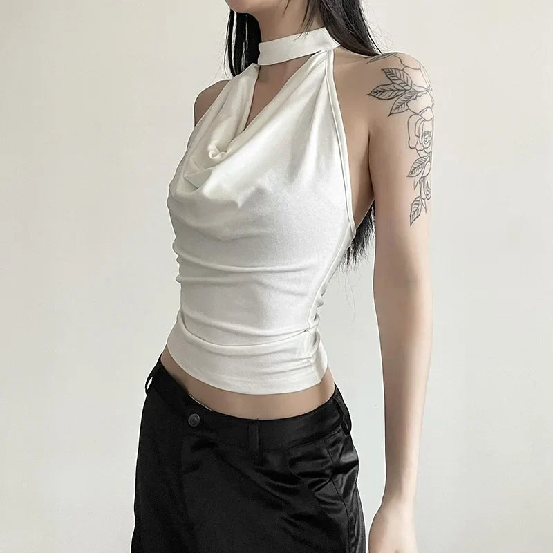 Women’s Solid Color Halter Vest – Casual, Sexy, All-Match Summer Top for Travel & High Street Style