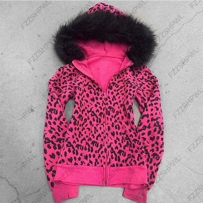 Pink Leopard Print Hooded Zipper Sweatshirt – Slim Fit Long Sleeve Streetwear for Spring & Autumn