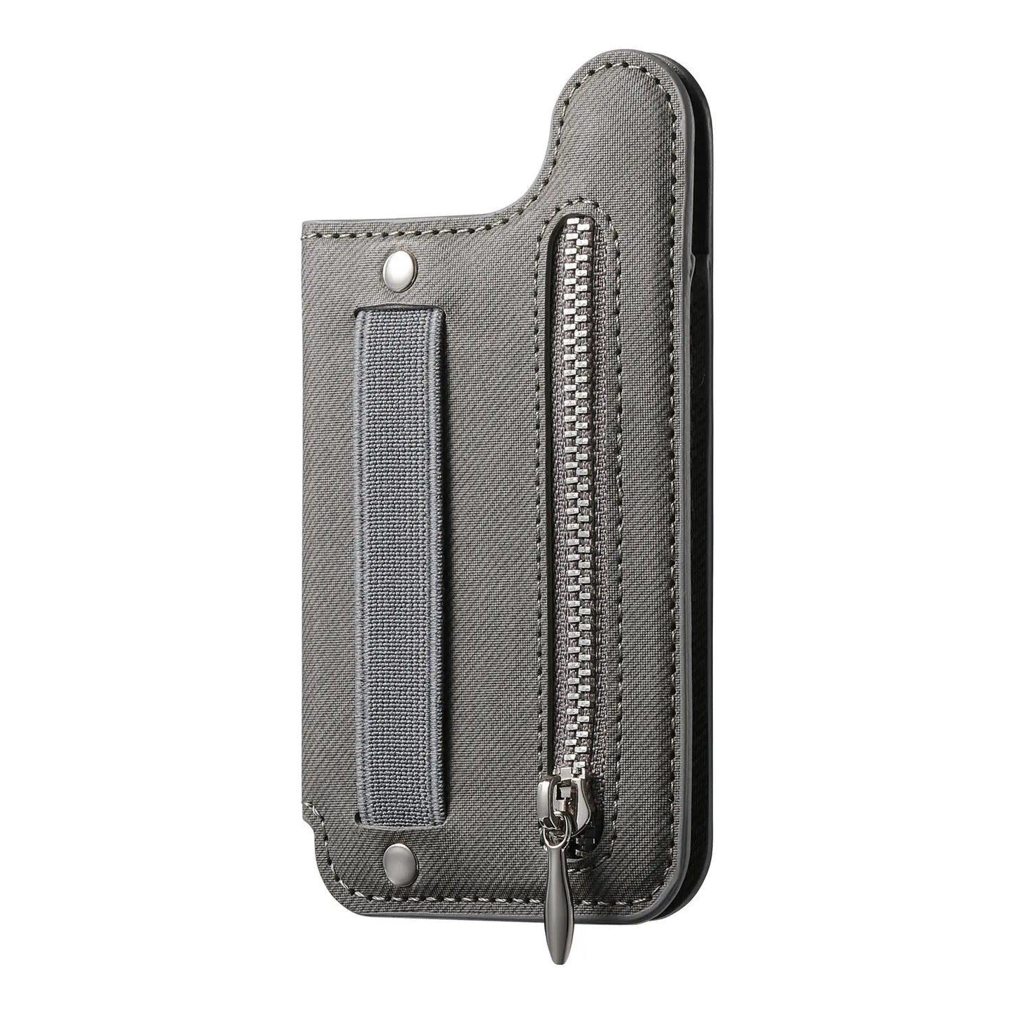 Flip Card Phone Case - Zipper Wallet Card Holder with Wrist Strap and Desktop Stand Support