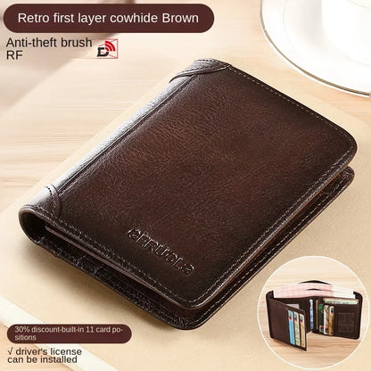 Genuine Leather Men’s Wallet – RFID Blocking Trifold, Vintage Thin ID & Credit Card Holder, Multi-Function Purse