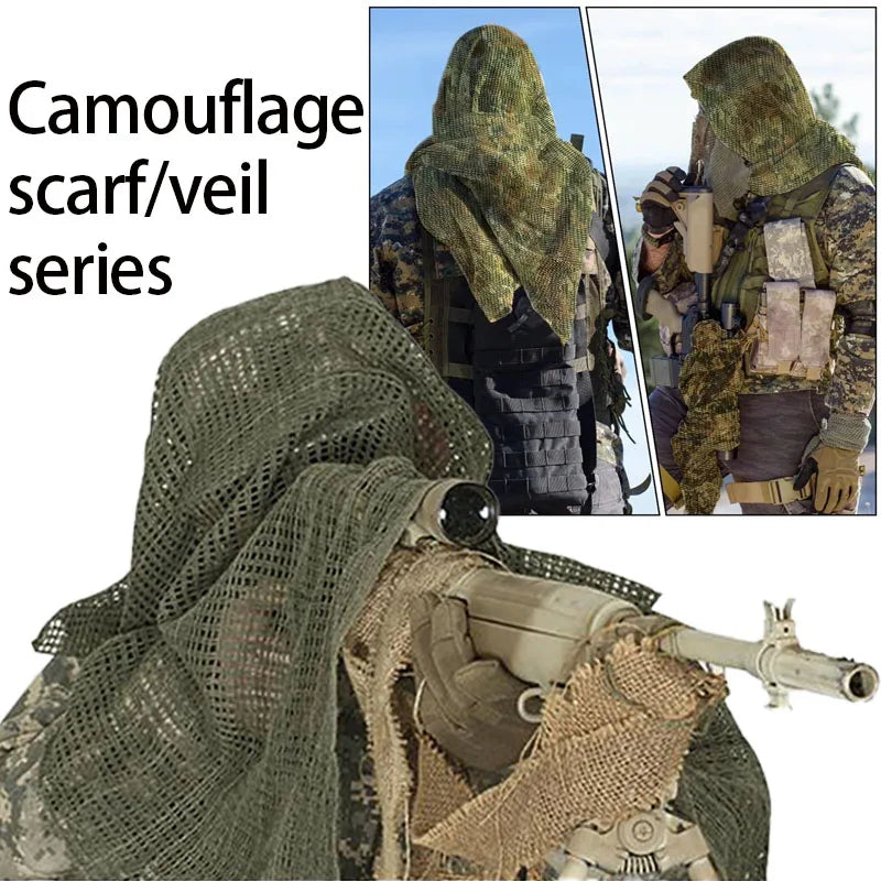Outdoor Camouflage Netting Scarf — Camo Mesh Face Veil & Shemagh Head Wrap for Camping, Hiking, Shooting