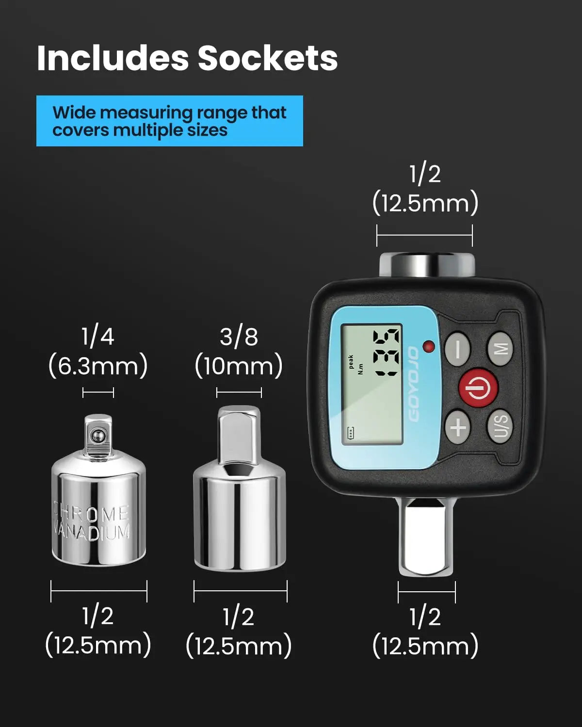 Professional Digital Torque Wrench Set | 1/4'', 3/8'', 1/2'' Electronic Wrench & Torque Adapter for Bike & Car Repair
