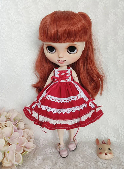 Blythe Doll Clothes – Wine Red & White Princess Dress with Lace for YMY, Licca, Azone OB24/OB27 Dolls