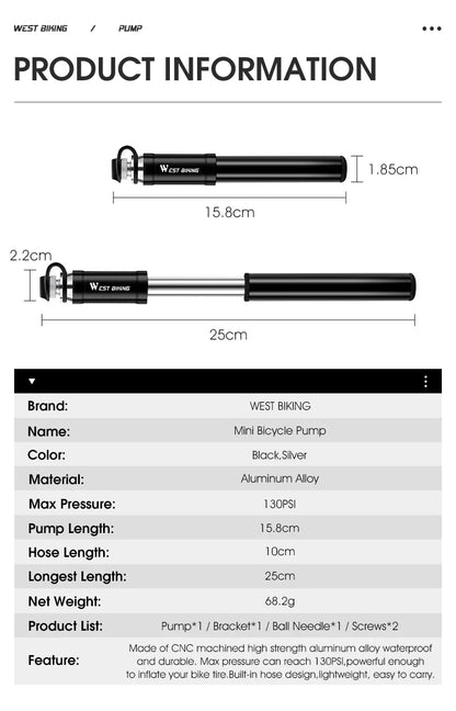 WEST BIKING 130PSI Mini Bike Pump – Portable Aluminum Alloy Hand Air Pump for MTB & Road Cycling, Drop-Proof & Ultralight