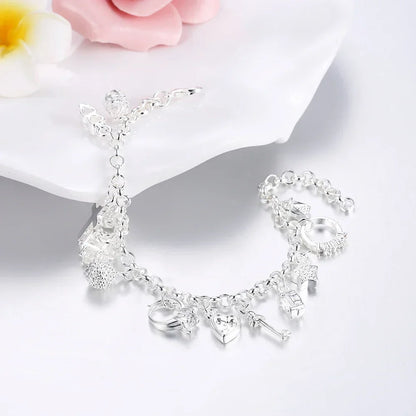 Fashion 925 Sterling Silver Bracelet for Women — Pretty Heart Zircon Pendant Chain, 20CM/8inch, Classic Wedding & Party Jewelry Gift