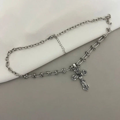 Vintage Cross Pendant Necklace – Kpop Punk Long Chain Retro Jewelry for Women, Korean Fashion Gift