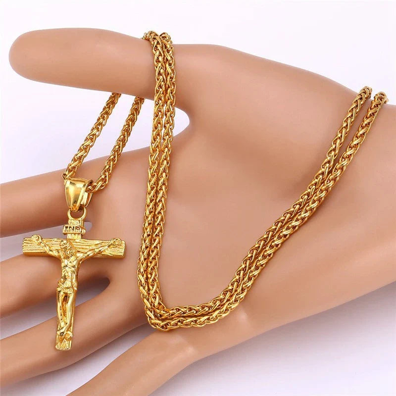 Religious Jesus Cross Necklace for Men - Fashion Gold Color Cross Pendant with Chain, Jewelry Gift for Men