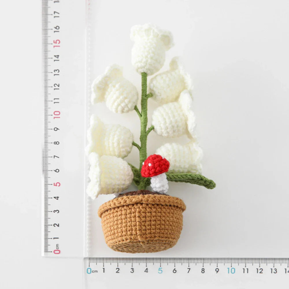 Handmade Crochet Bell Orchid in Pot – Knitted Artificial Flower with Light for Desktop & Easter 2025 Decor