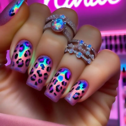 24pcs Blue Golden Stripe Press-On Nails Shiny Powder Long Square Full Cover False Nail Tips Wearable Love Design