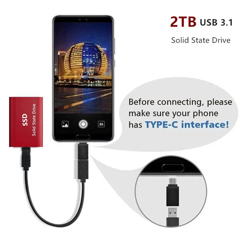 USB 3.0 Type-C SSD External Hard Drive 500GB/1TB/2TB - Ultra-Fast 1.8" Portable Storage for Laptops & Desktops