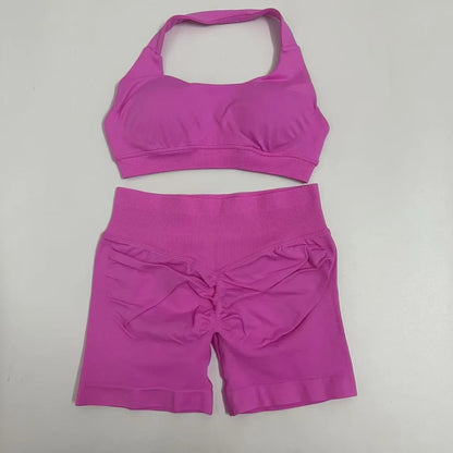2PCS Seamless Yoga Workout Set – Scrunch Shorts & Halter Sports Bra Gym Fitness Outfit