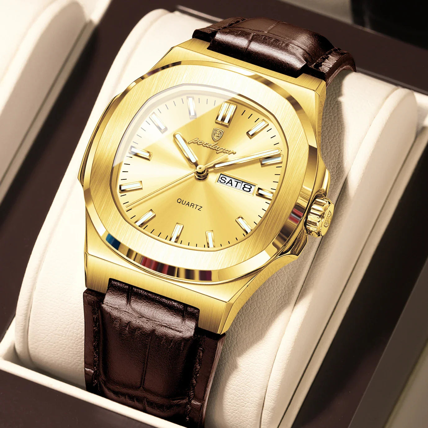 POEDAGAR Luxury Men’s Square Quartz Watch – Luminous Waterproof Leather Strap with Week Calendar
