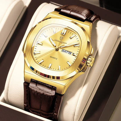 POEDAGAR Luxury Men’s Square Quartz Watch – Luminous Waterproof Leather Strap with Week Calendar