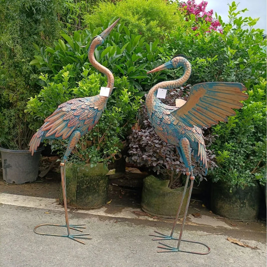 Metal Crane Garden Decor Set - Vintage Rustic Bird Figurines for Balcony & Courtyard Decoration